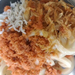 素干しエビとちりめんと鮭フレークのぶっかけうどん